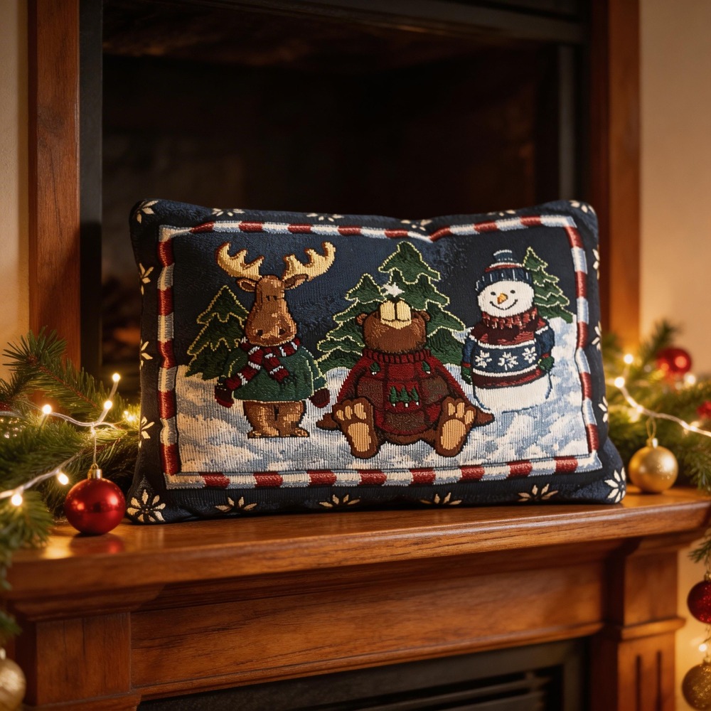 Christmas Tapestry Throw Pillow Moose Bear Snowman Winter Navy Blue‎ Holiday